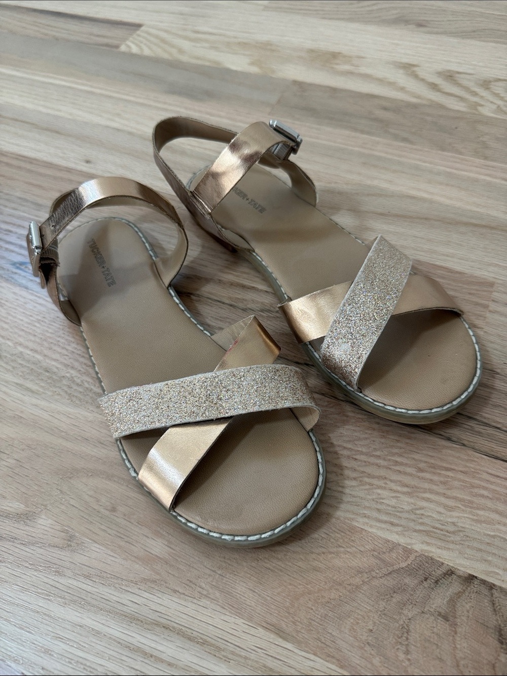 TUCKER + TATE Gold Glitter Sandals, Size 5